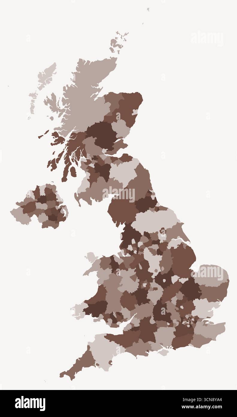 Mappa del Regno Unito con le regioni. Solo una semplice mappa di confine con la divisione della regione. Tavolozza dei colori marrone. Illustrazione Vettoriale