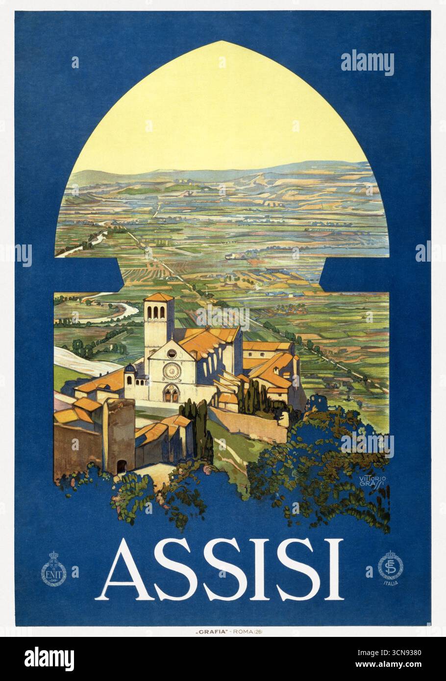 Uno splendido poster di viaggio vintage del 1920 per Assisi in Italia Foto Stock
