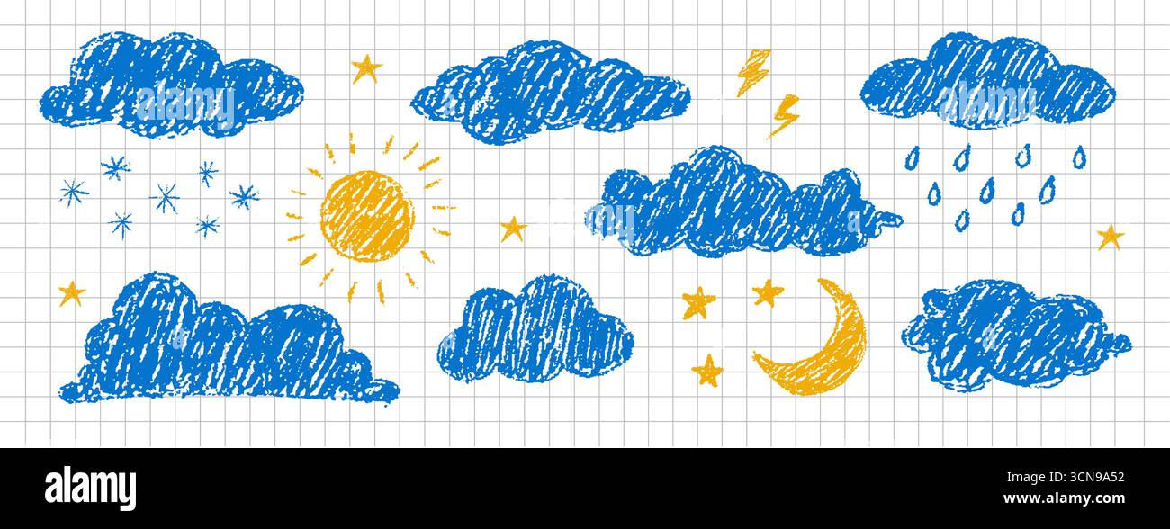Nuvole di gesso a matita. Doodle sole, stelle, nuvola, luna, pioggia e altri elementi primitivi. Consistenza infantile. Pastello di capretti vettoriali disegnato a mano Illustrazione Vettoriale