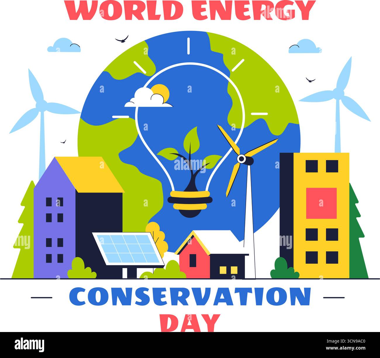 Illustrazione del giorno della conservazione dell'energia che illustra l'importanza di salvare il pianeta con il rispetto dell'ambiente e dell'ambiente per il mantenimento dell'ecosistema globale Illustrazione Vettoriale