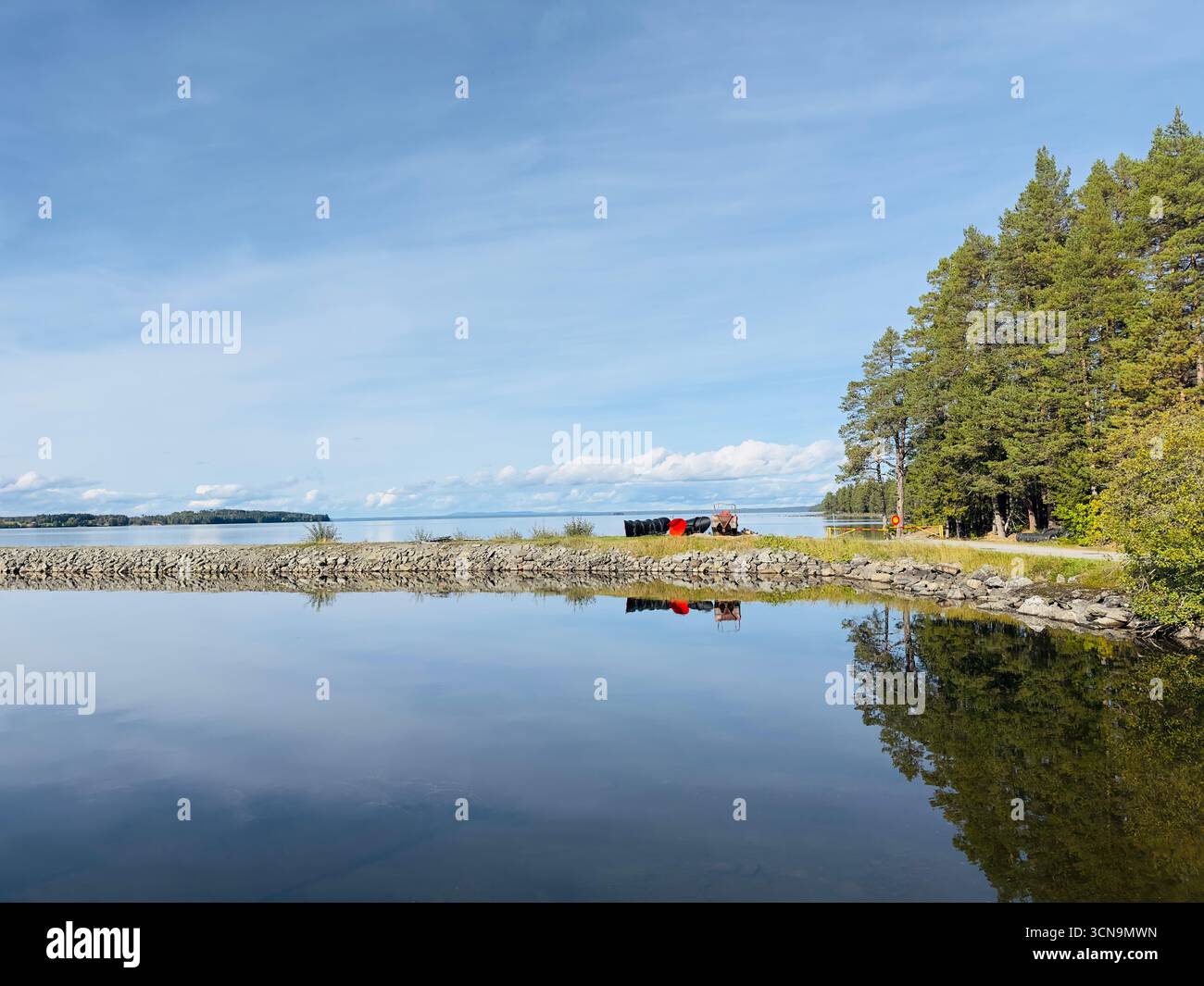 Vista panoramica sul lago con acqua tranquilla e vegetazione lussureggiante sotto un cielo blu. Foto Stock