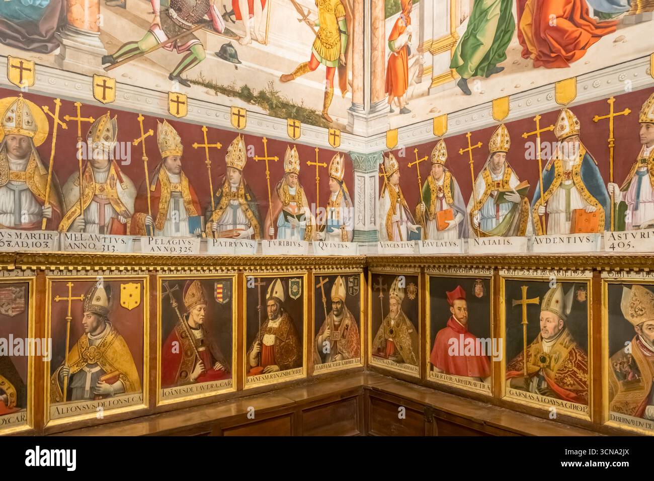 Sala espositiva dei ritratti del Papa all'interno della cattedrale di Toledo in Spagna Foto Stock