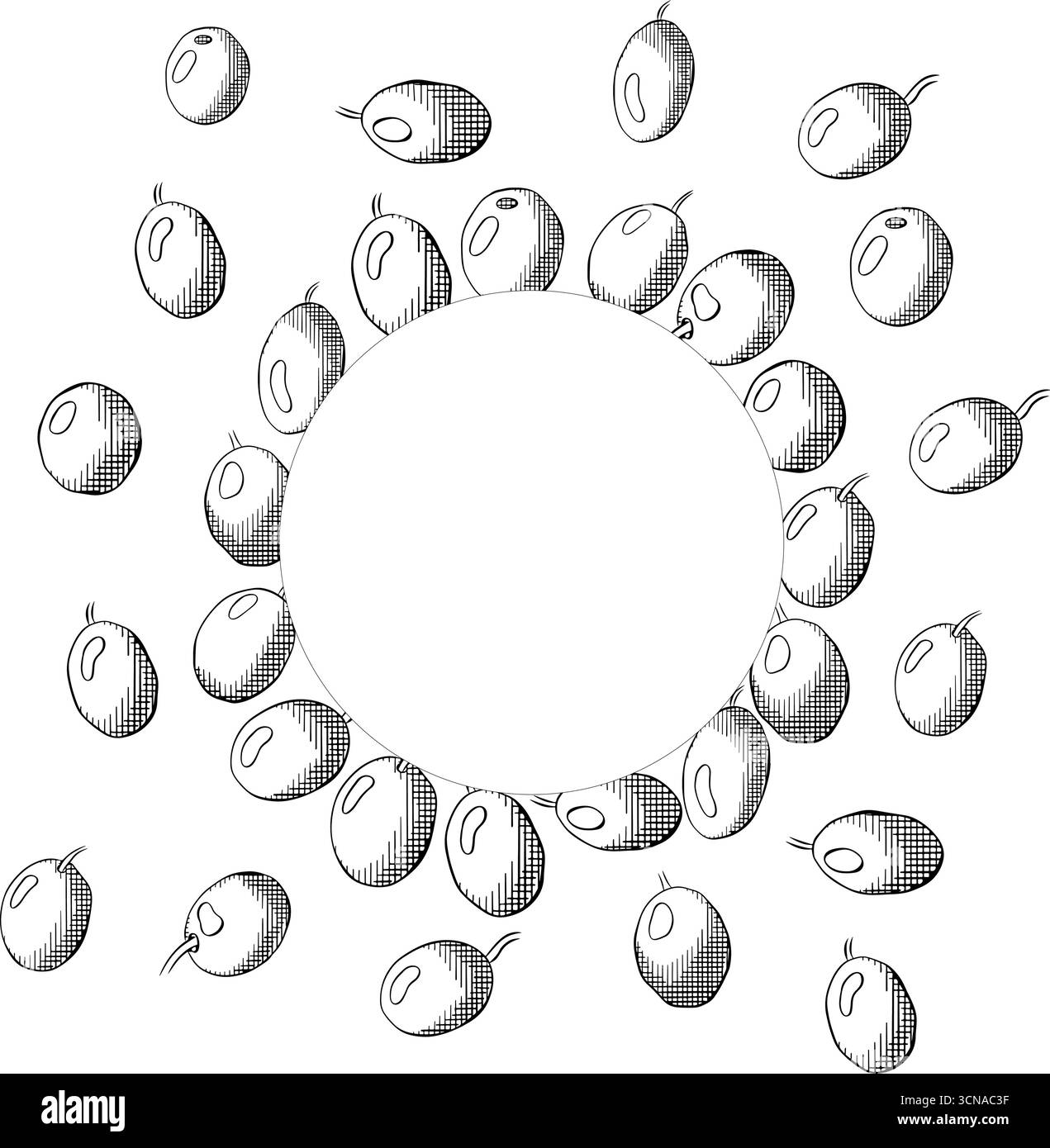 Corona disegnata a mano con sagoma circolare a forma tonda di uva matura. Illustrazione in bianco e nero con inchiostro a linee grafiche vettoriali. Striscione, poster, involucro pa Illustrazione Vettoriale