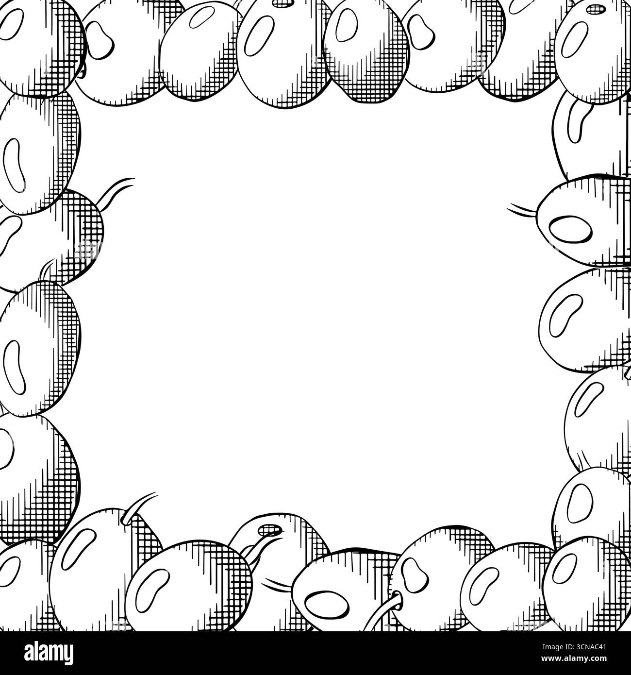 Sagoma quadrata di fragole di oliva. Illustrazione in bianco e nero con inchiostro a linee grafiche vettoriali. Design botanico mediterraneo per pacchetto Banner, poster, involucro Illustrazione Vettoriale