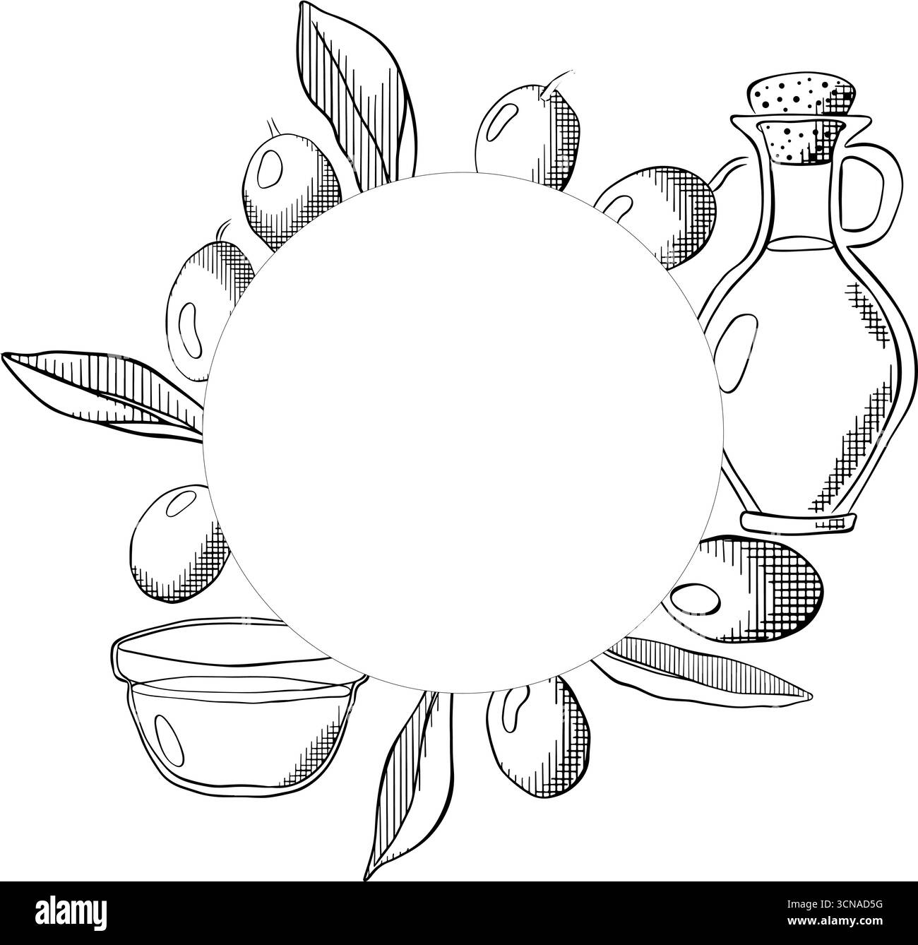 Olio d'oliva, bacca verde e foglie modello circolare del telaio. Illustrazione in bianco e nero con inchiostro a linee grafiche vettoriali. Foglie e frutti di bosco con cornice rotonda. Est Illustrazione Vettoriale