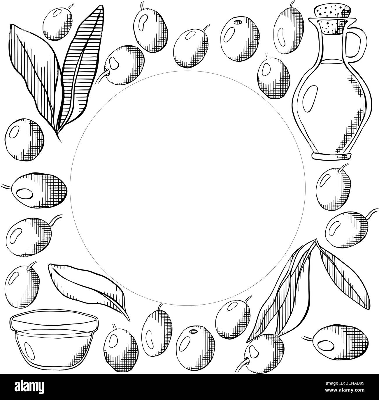 Olio d'oliva, bacca verde e foglie modello rotondo quadrato. Illustrazione in bianco e nero con inchiostro a linee grafiche vettoriali. Striscione, poster, avvolgimento Illustrazione Vettoriale