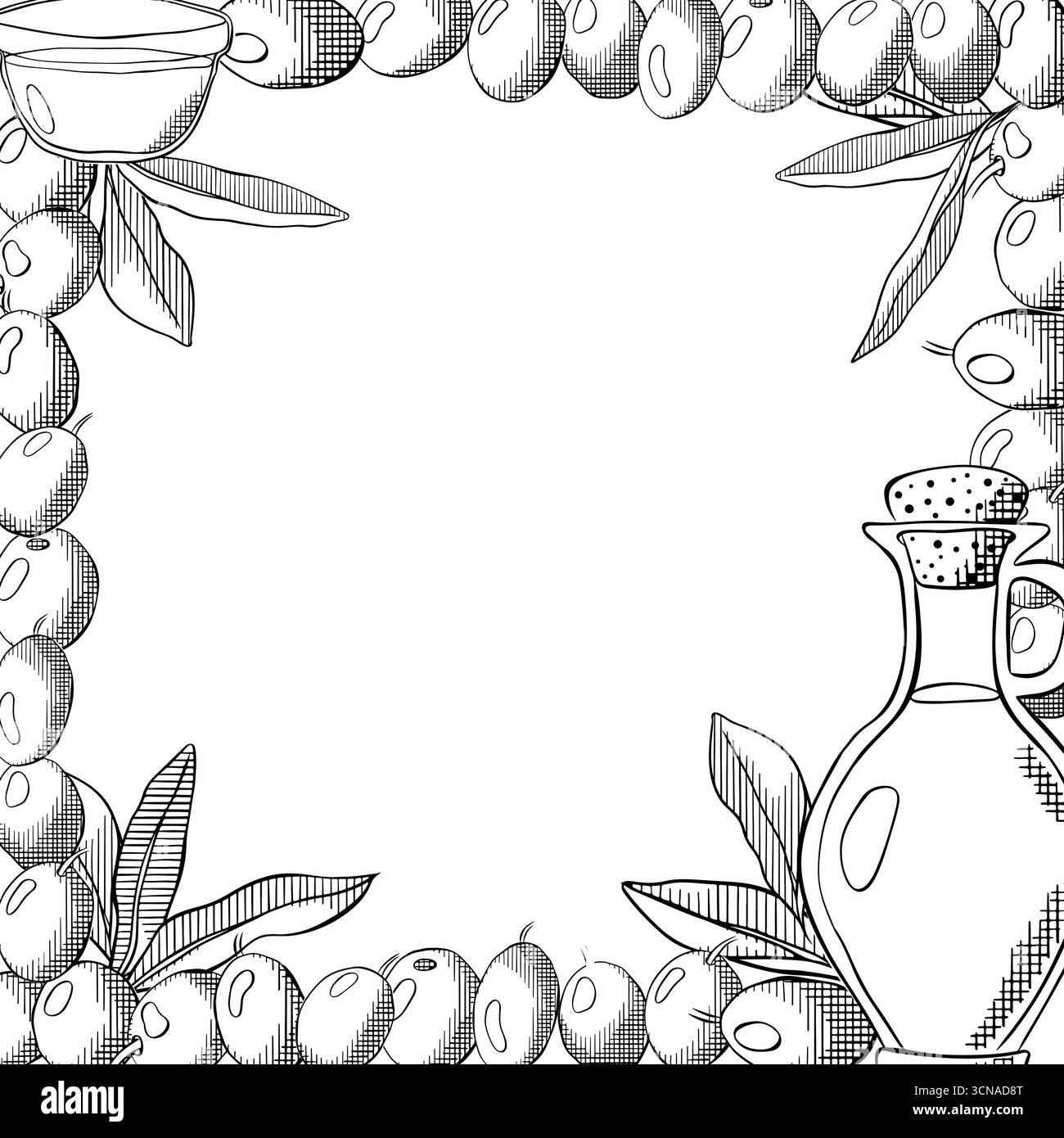 Disegna la cornice del ramoscello di oliva con frutti di bosco e foglie. Olio d'oliva, bacca verde e foglie modello a cornice quadrata. Inchiostro con linee grafiche vettoriali in bianco e nero Illustrazione Vettoriale