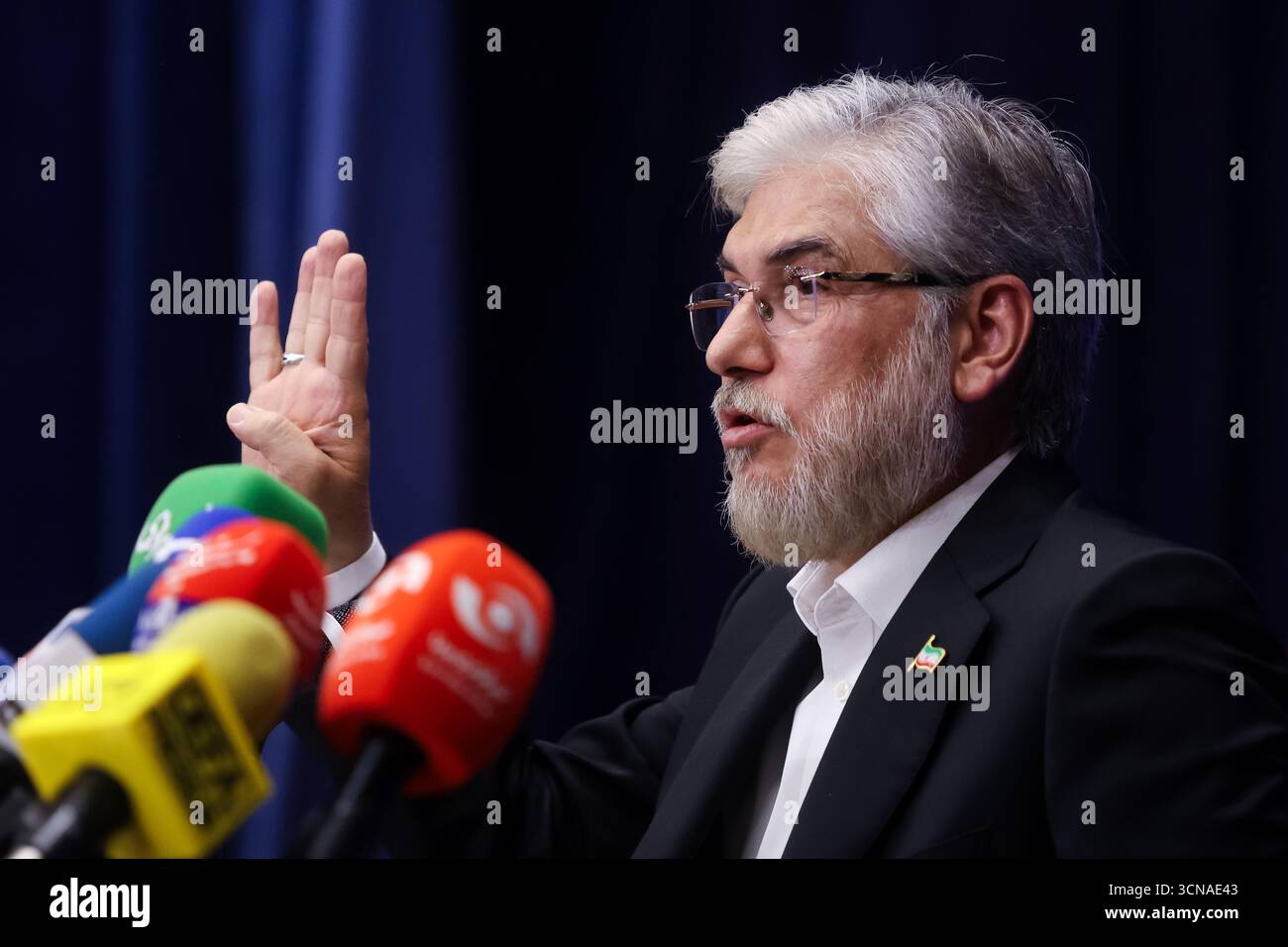 Teheran, Iran, 20 settembre 2025, Hossein Simaei Saraf, ministro iraniano della scienza, della ricerca e della tecnologia, partecipa a una conferenza stampa Credit:Foad Ashtari/Mehr News Agancy Foto Stock