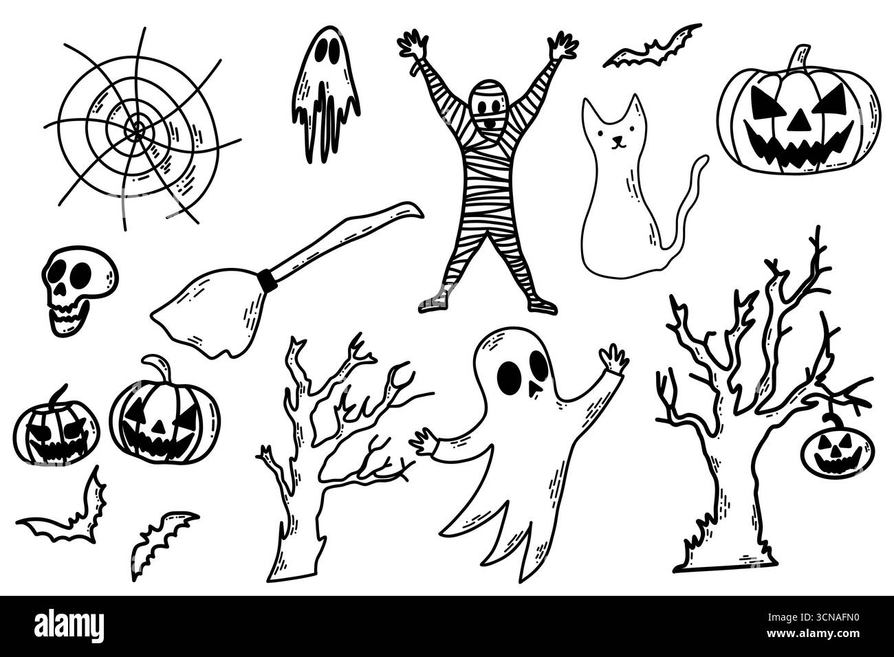 Stravagante Halloween Doodles Ghosts, zucche, pipistrelli, mummie e Spooky Trees Clipart Collection per progetti di design Illustrazione Vettoriale