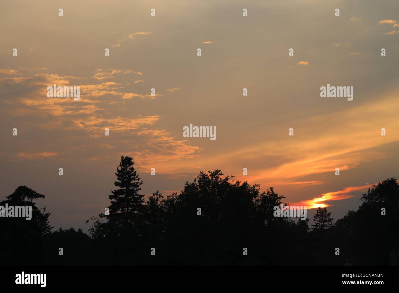 tramonto dipinge il cielo nuvoloso rosso, arancione, oro, grigio (grigio) Foto Stock