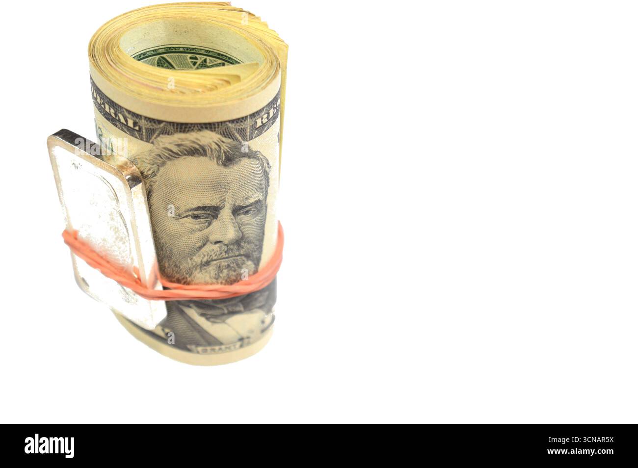 Banconote in contanti in puro argento da 1 oncia e 50 dollari americani banconote in contanti arrotolate con un elastico, con Ulysses S. Grant, Amer Foto Stock