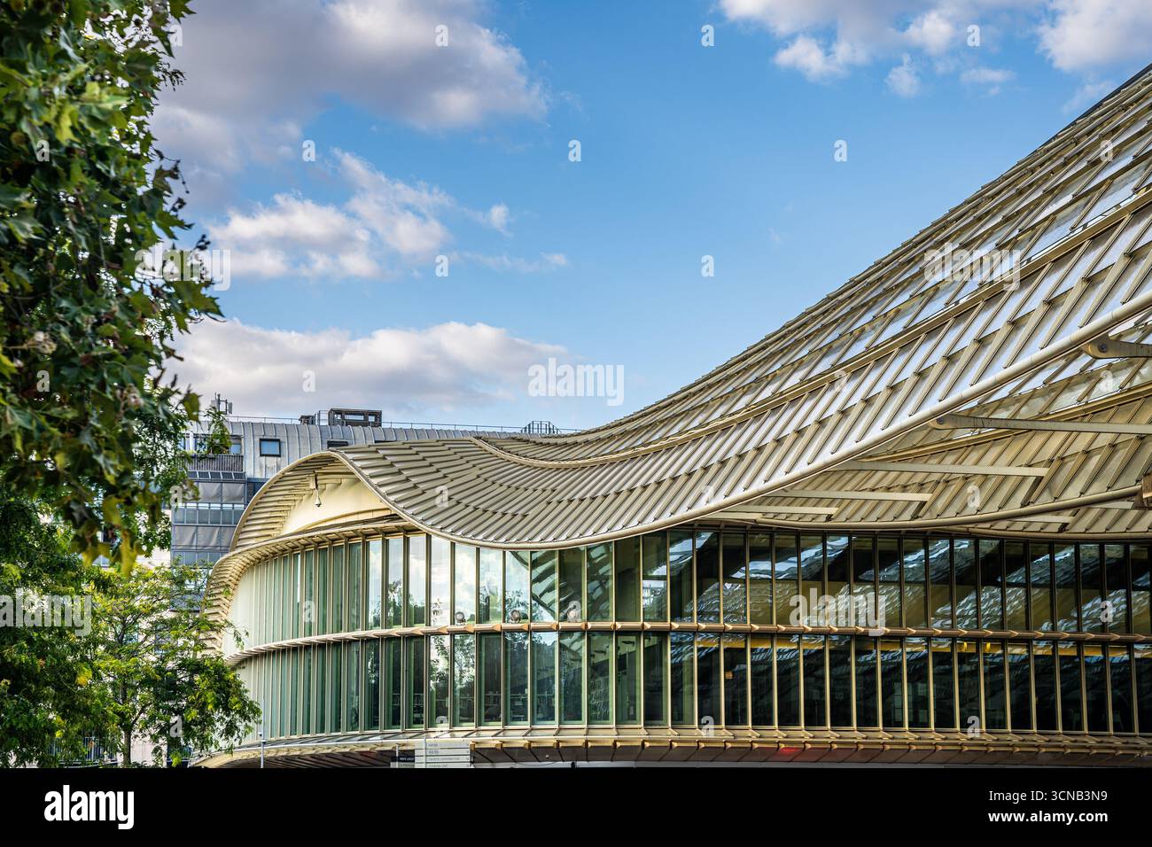 Dettaglio della grande tettoia ondulata in vetro del centro commerciale Westfield Forum des Halles, progettata da Patrick Berger e Jacques Anziutti, Parigi, Francia Foto Stock