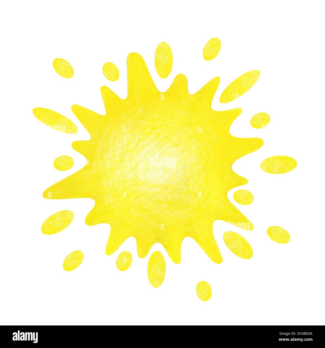 Disegno a matita di un sole giallo brillante con i raggi. L'illustrazione è isolata su uno sfondo bianco. Un'immagine dipinta di chiarezza e calma. Gioia Foto Stock