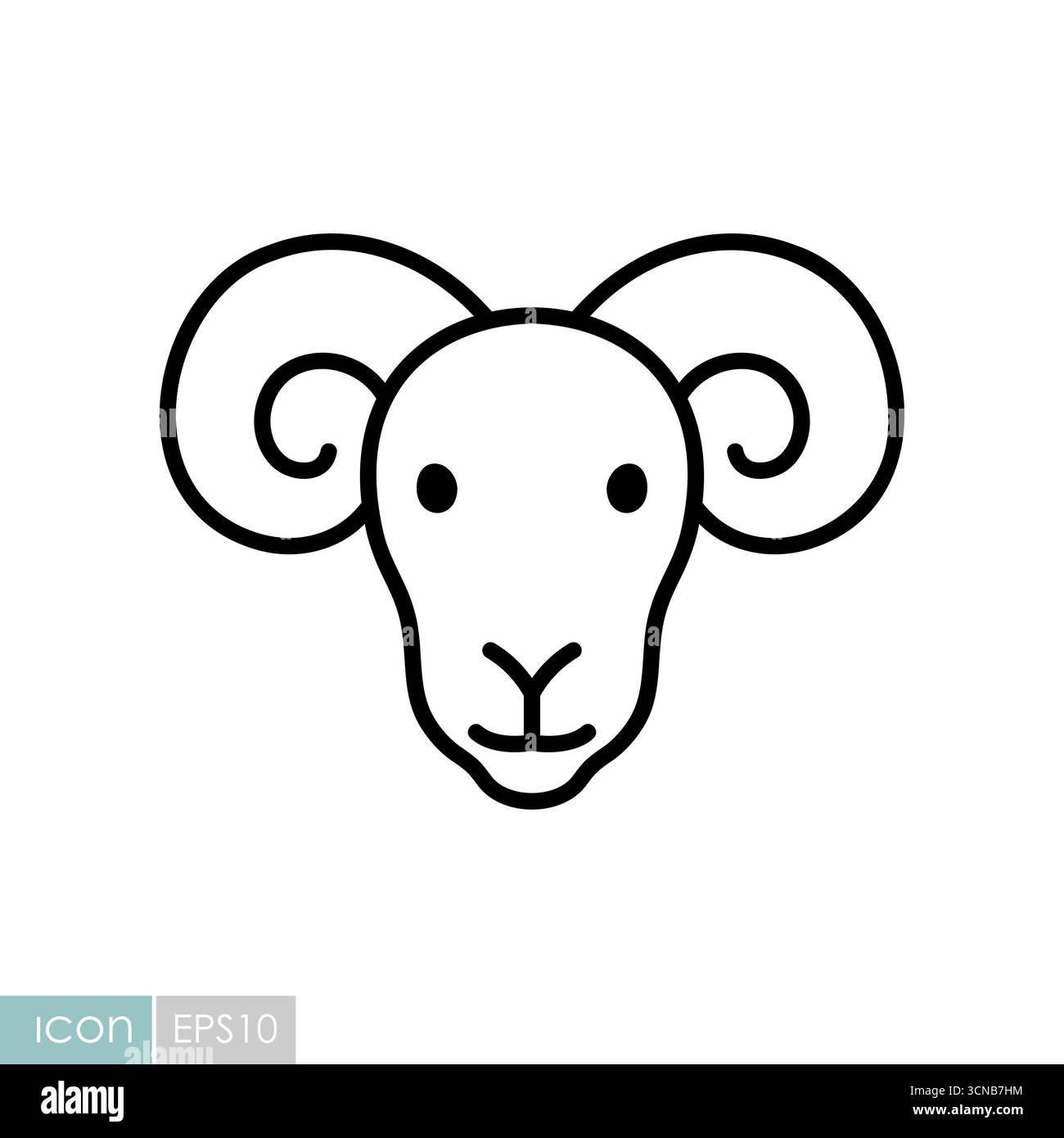 Semplice icona vettoriale a linee bianche e nere della testa di una pecora o di un montone con grandi corna ricciolate. Illustrazione Vettoriale