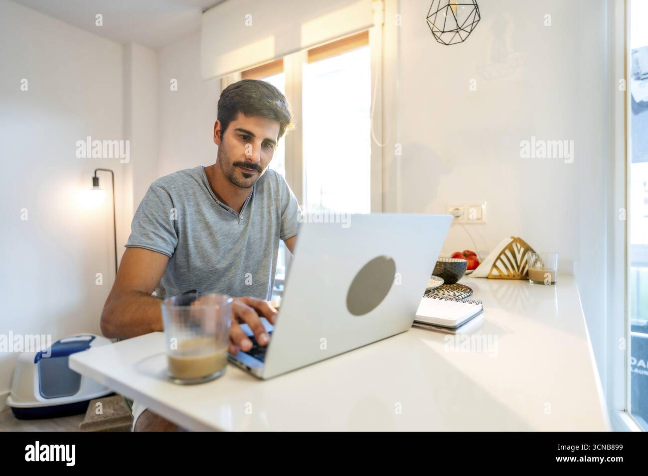 Giovane uomo che si concentra sul suo laptop, si gusta un caffè mentre lavora in remoto dalla sua elegante cucina Foto Stock