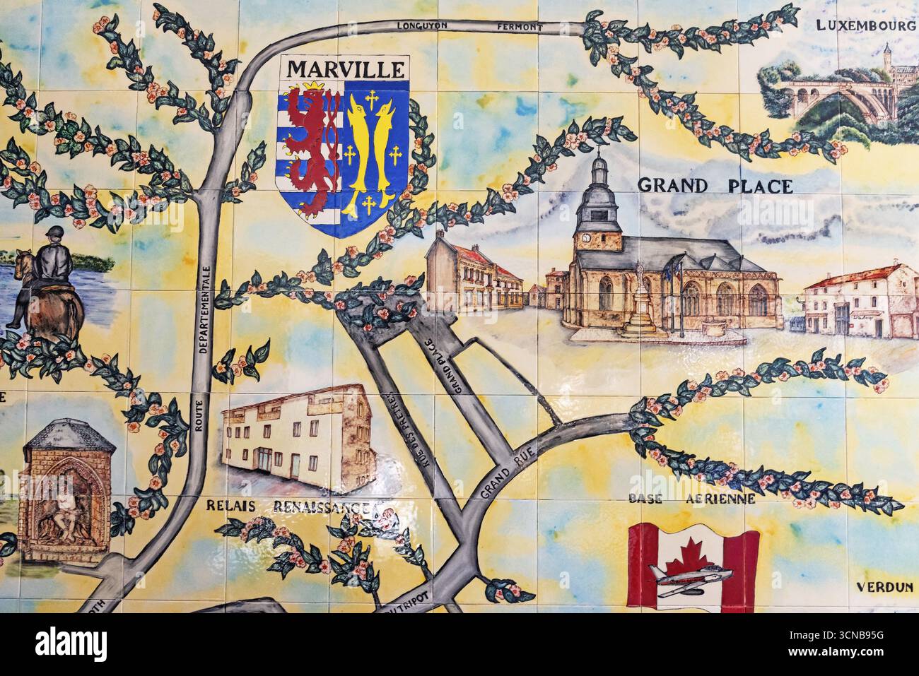 Mappa della città, stemma, piastrelle, Marville, Renaissance Village, dipartimento Meuse, Grand Est, Francia Foto Stock