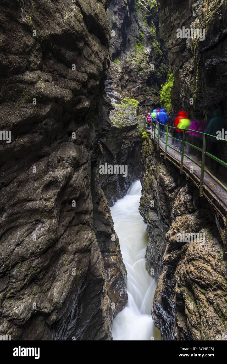 Breitach scorre attraverso gola, ruscello, Schrattenkalk, passerella pedonale, sentiero escursionistico, Breitachklamm, Oberstdorf, Allgaeu Alps, Baviera, Germania Foto Stock