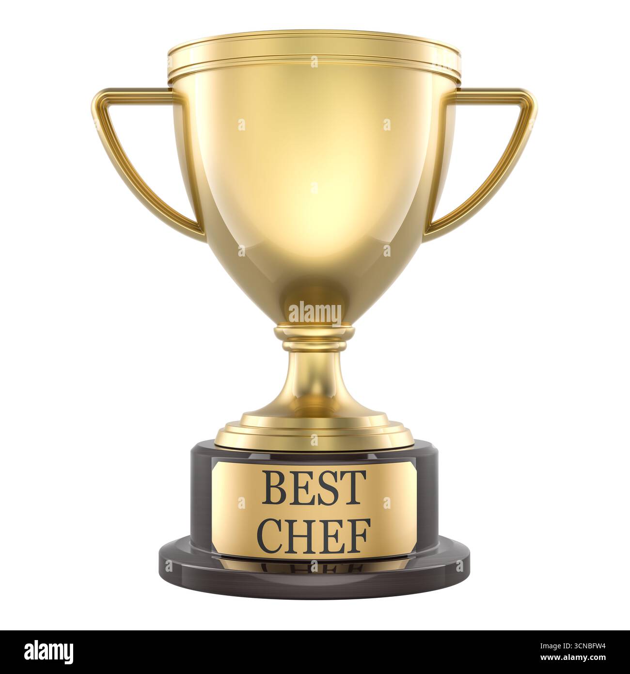 Il miglior trofeo per chef. Premio Gold Cup per l'eccellenza culinaria. Rendering 3D isolato su sfondo bianco Foto Stock
