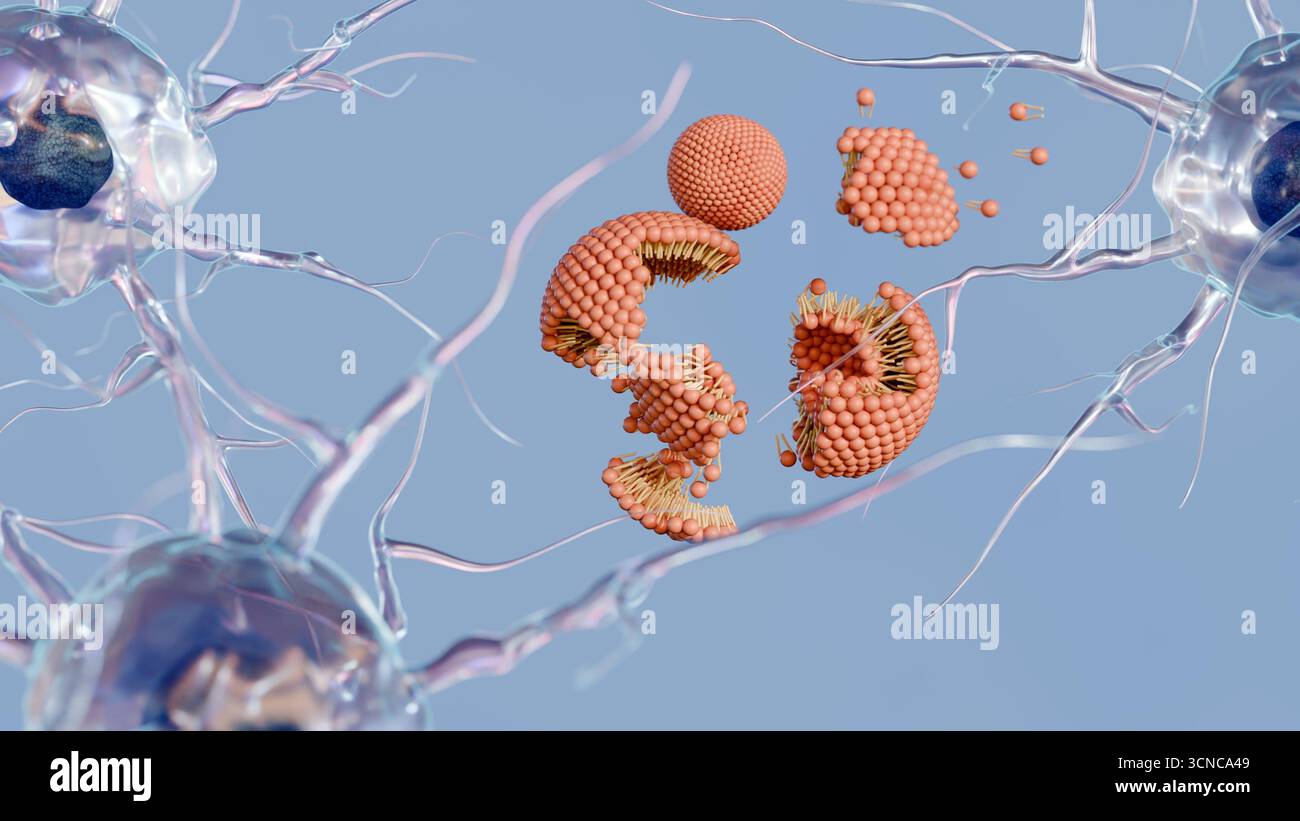 Rendering 3D che illustra una scena a livello nanoscopico o cellulare, concentrandosi sulle strutture delle membrane e sul sistema nervoso. Foto Stock