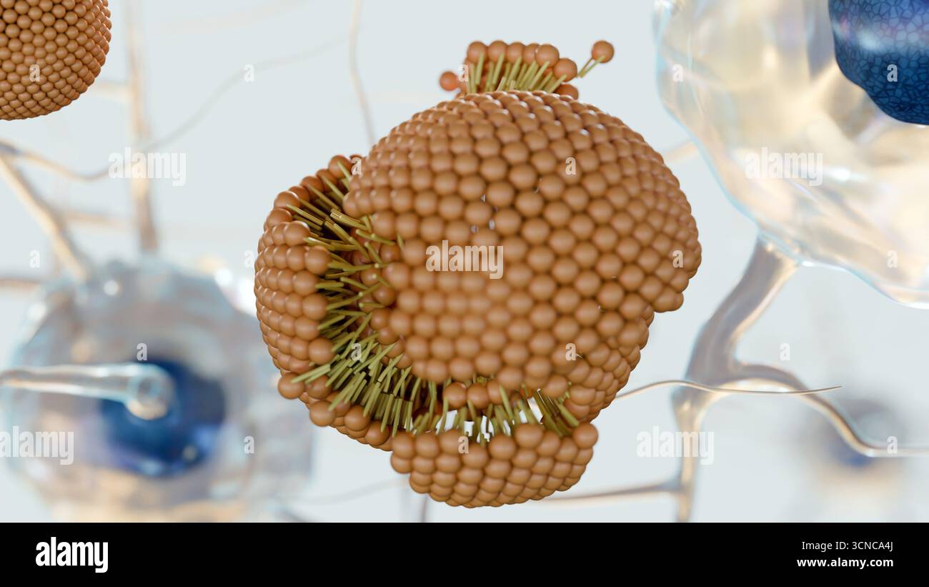 Rendering 3D che illustra una scena a livello nanoscopico o cellulare, concentrandosi sulle strutture delle membrane e sul sistema nervoso. Foto Stock