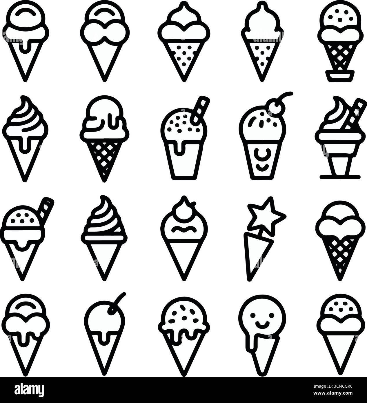 Illustrazioni in bianco e nero del set di icone del cono gelato Illustrazione Vettoriale