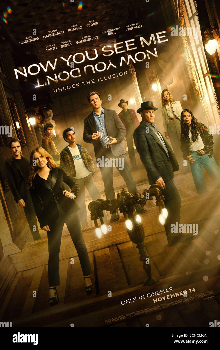 Now You SEE me, Now You Don't: Unlock the Illusion (2025) diretto da Ruben Fleischer e interpretato da Jesse Eisenberg, Woody Harrelson e Isla Fisher. L'ultimo capitolo della serie di rapine magiche, in cui i Cavalieri affrontano la loro più grande illusione. Fotografia di un poster originale del 2025 USA a un foglio SOLO PER USO EDITORIALE. Credito: BFA / Lionsgate Foto Stock