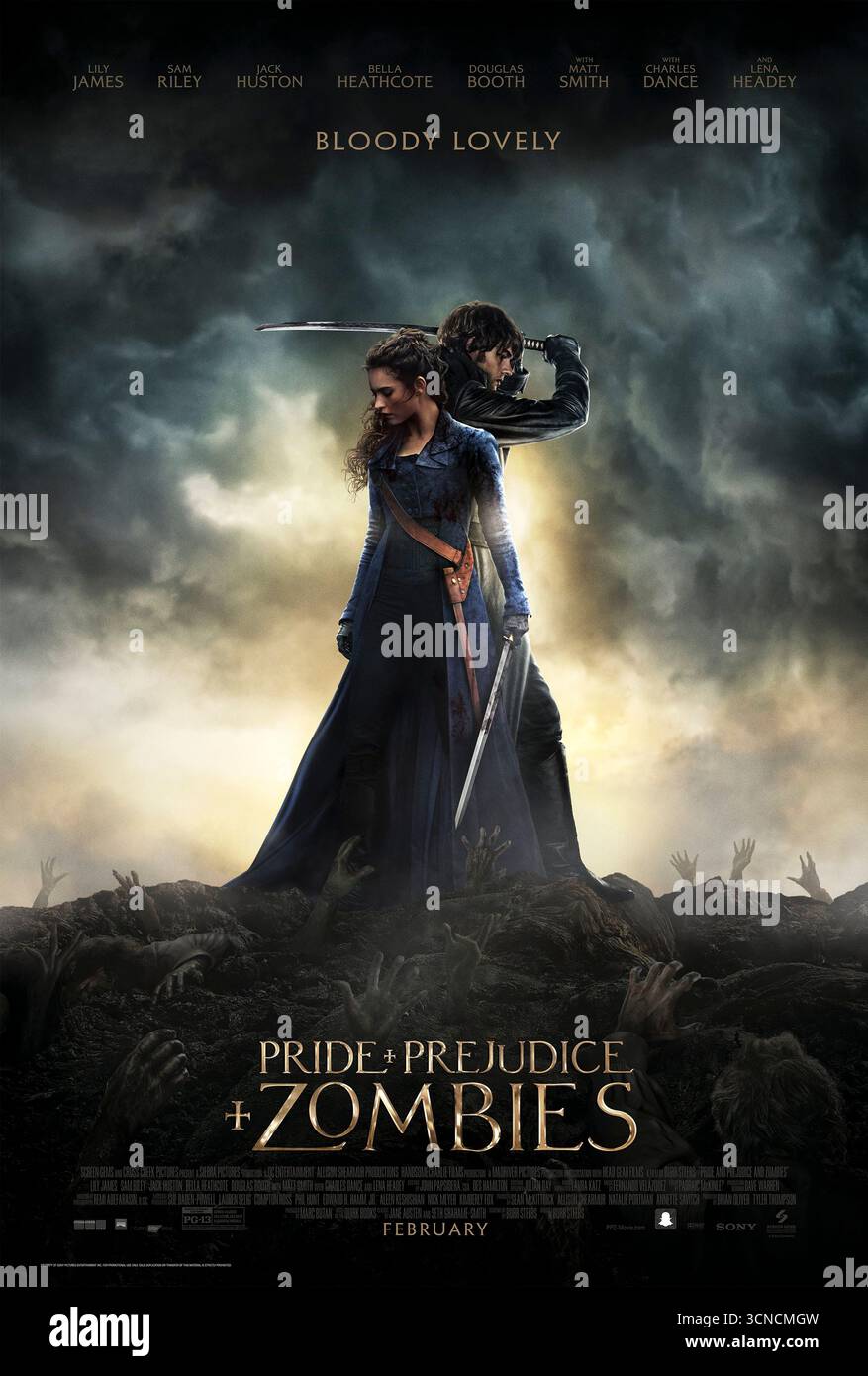 Pride and Prejudice and Zombies (2016) diretto da Burr Steers e interpretato da Lily James, Sam Riley e Jack Huston. Una rivisitazione spiritosa del romanzo classico di Jane Austen con un tocco horror, con una storia d'epoca Regency in mezzo a un'apocalisse zombie. Fotografia di un poster originale del 2016 USA a un foglio SOLO PER USO EDITORIALE. Credito: BFA / Screen Gems Foto Stock