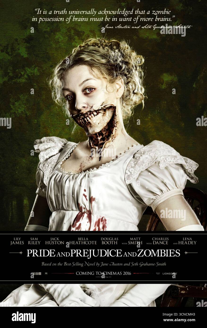Pride and Prejudice and Zombies (2016) diretto da Burr Steers e interpretato da Lily James, Sam Riley e Jack Huston. Una rivisitazione spiritosa del romanzo classico di Jane Austen con un tocco horror, con una storia d'epoca Regency in mezzo a un'apocalisse zombie. Fotografia di un poster originale Britsh del 2016 A USO EDITORIALE. Credito: BFA / Lionsgate Foto Stock