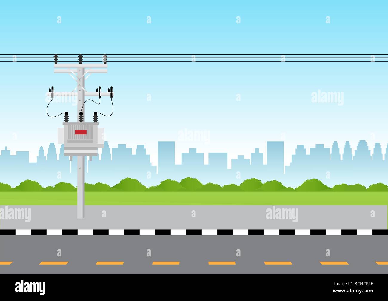 Polo elettrico. Poli di alimentazione. Trasmissione di potenza elettrica lungo la strada. Illustrazione vettoriale. Illustrazione Vettoriale