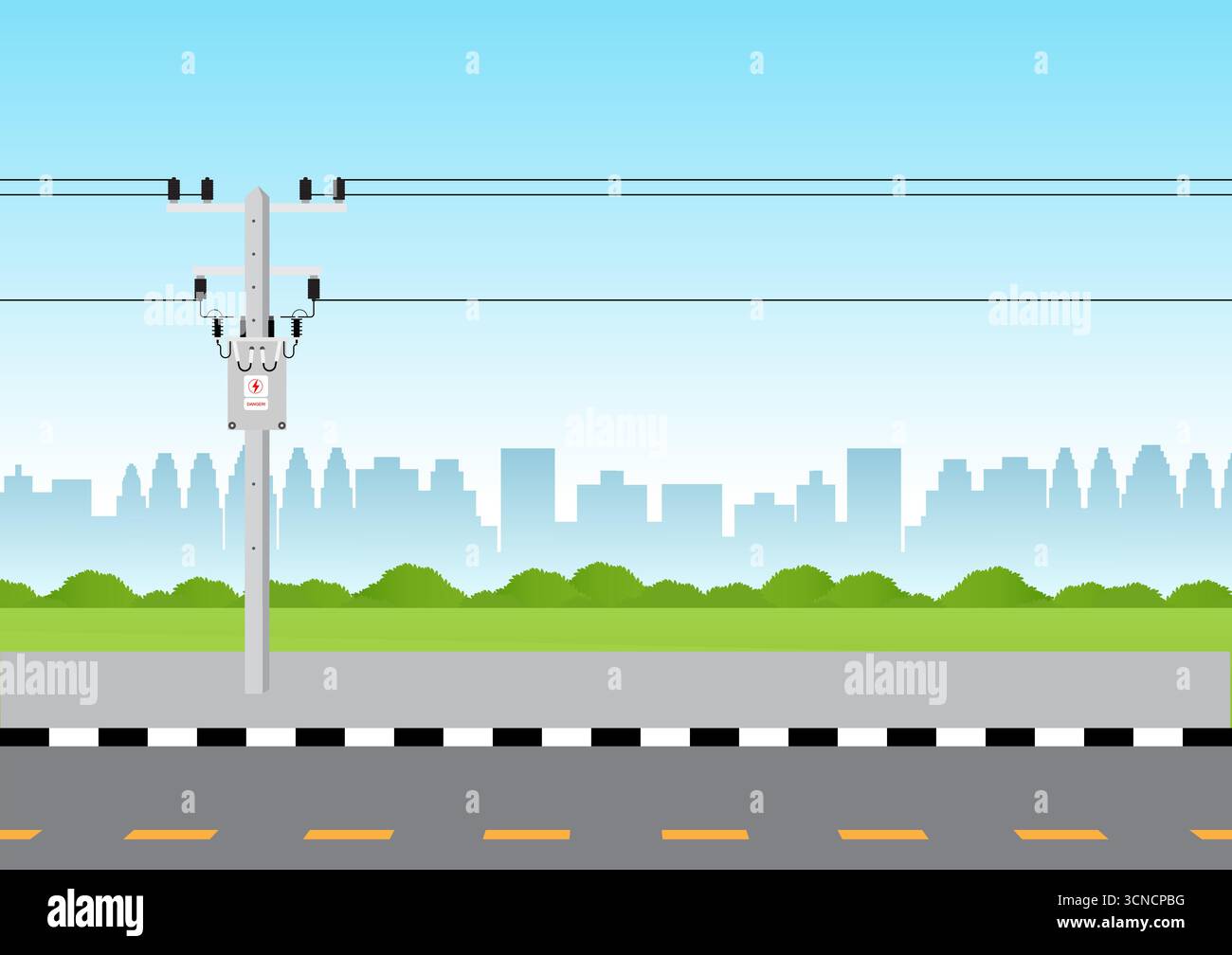 Polo elettrico. Poli di alimentazione. Trasmissione di potenza elettrica lungo la strada. Illustrazione vettoriale. Illustrazione Vettoriale