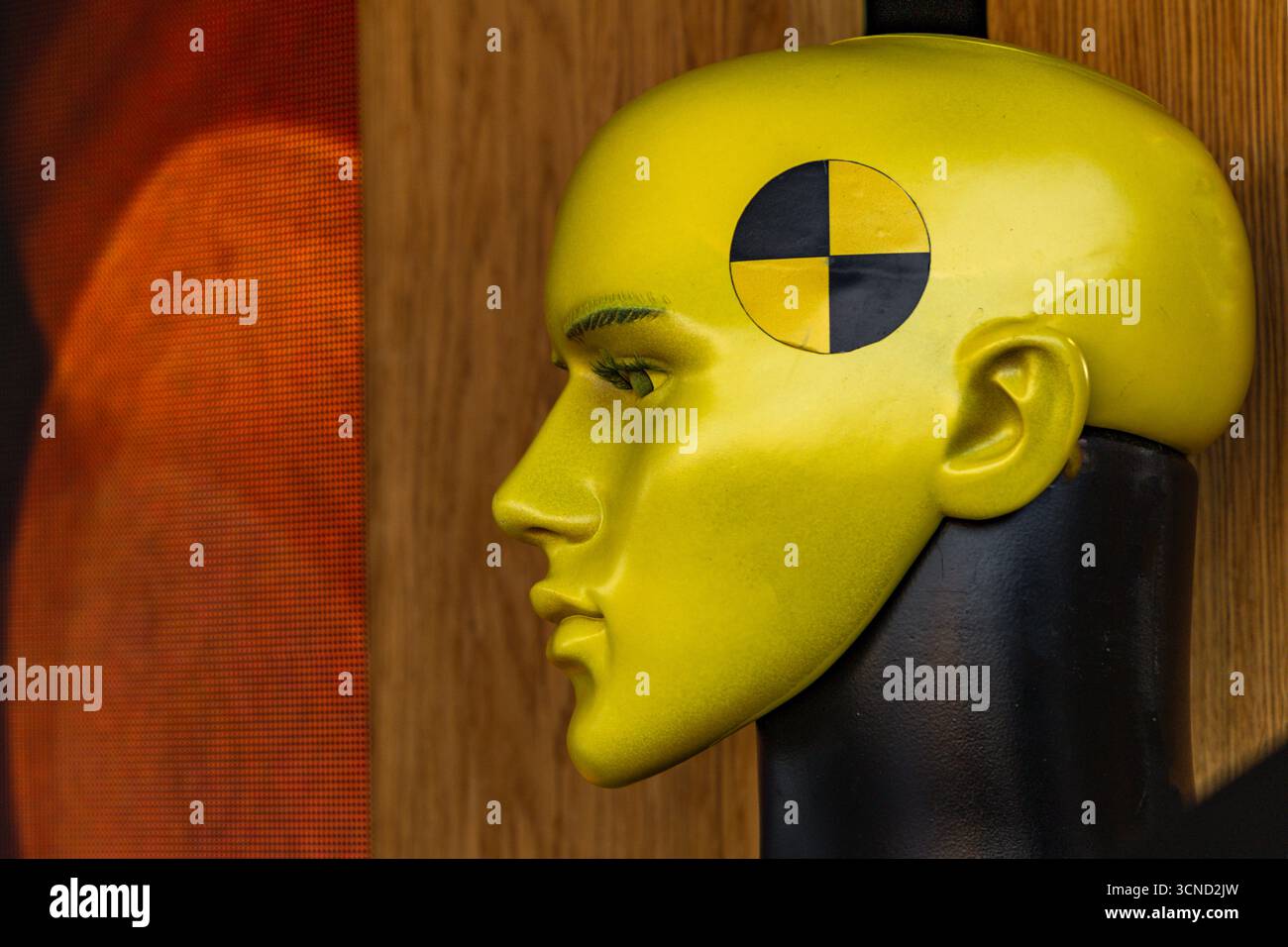 Un manichino giallo usato per eseguire test di sicurezza sulle auto, intelligenza artificiale artificiale. Foto Stock