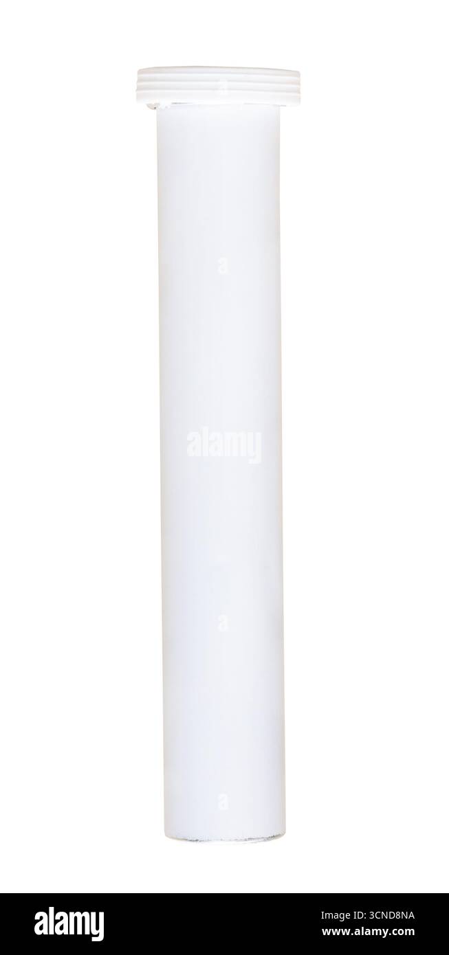 contenitore cilindrico bianco chiuso per pillole effervescenti isolato su sfondo bianco Foto Stock