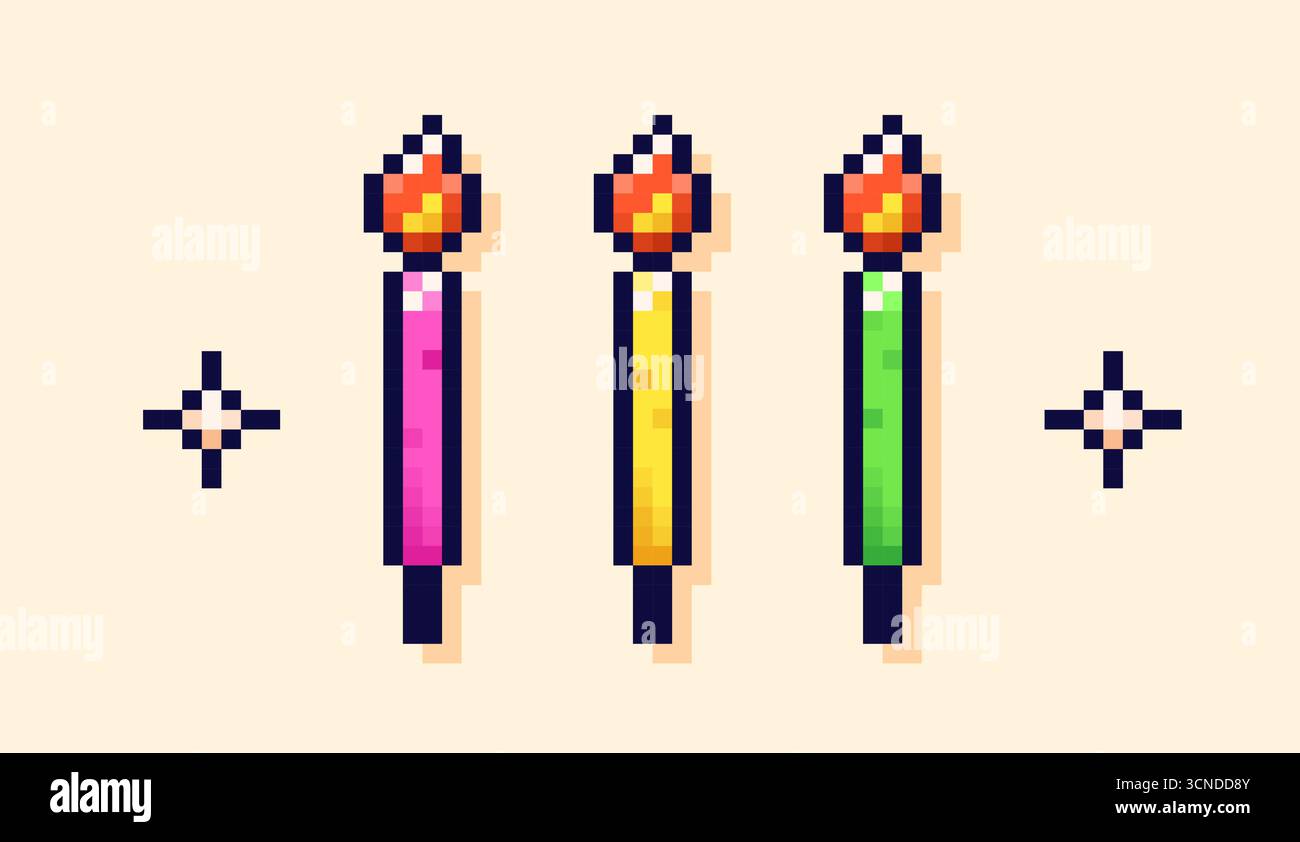 Candele per torta di compleanno a colori pixel art. Illustrazione Vettoriale