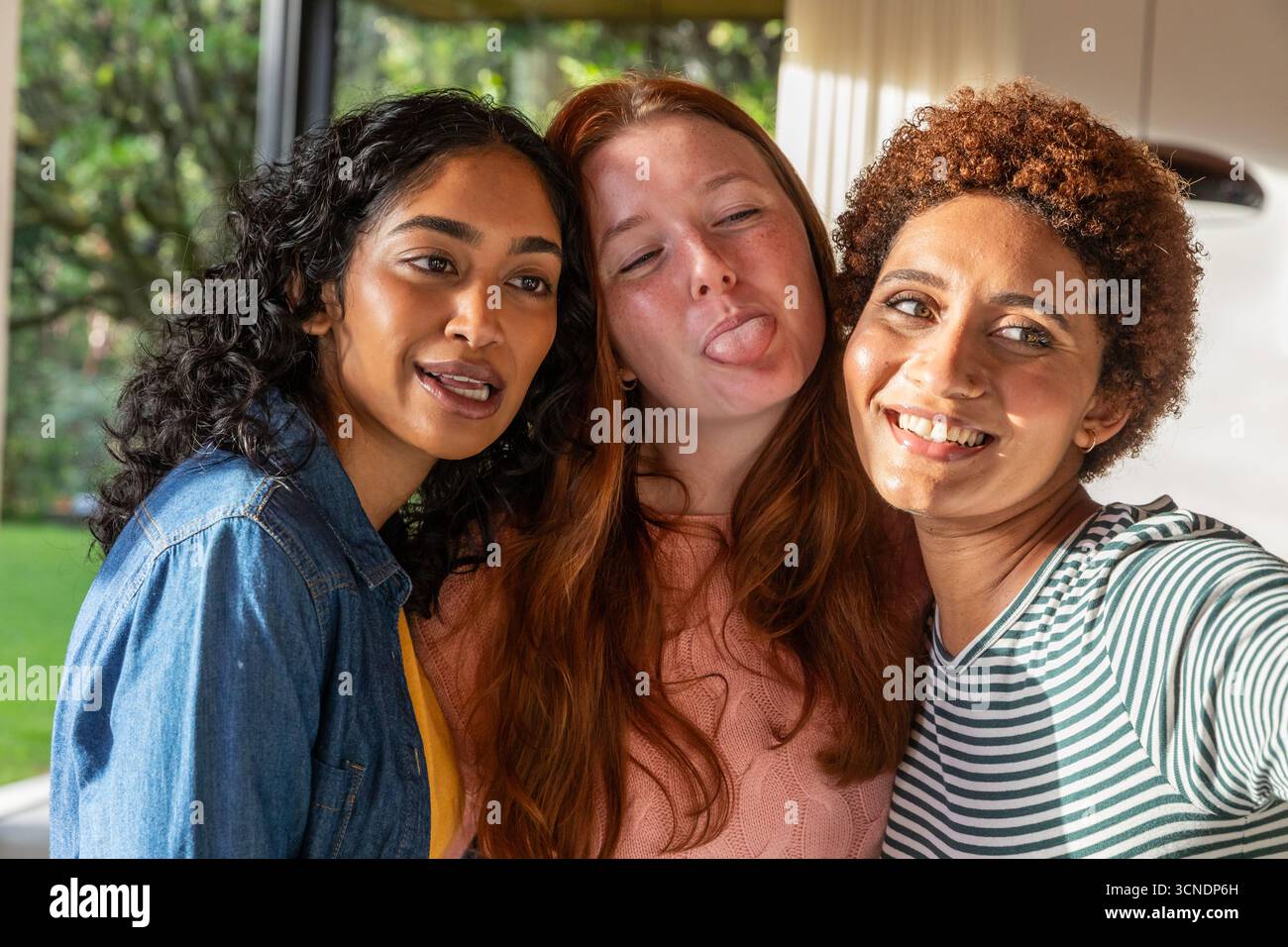 Diverse amiche si mettono in posa insieme per scattare un selfie nella stanza del sole con vista sul giardino Foto Stock
