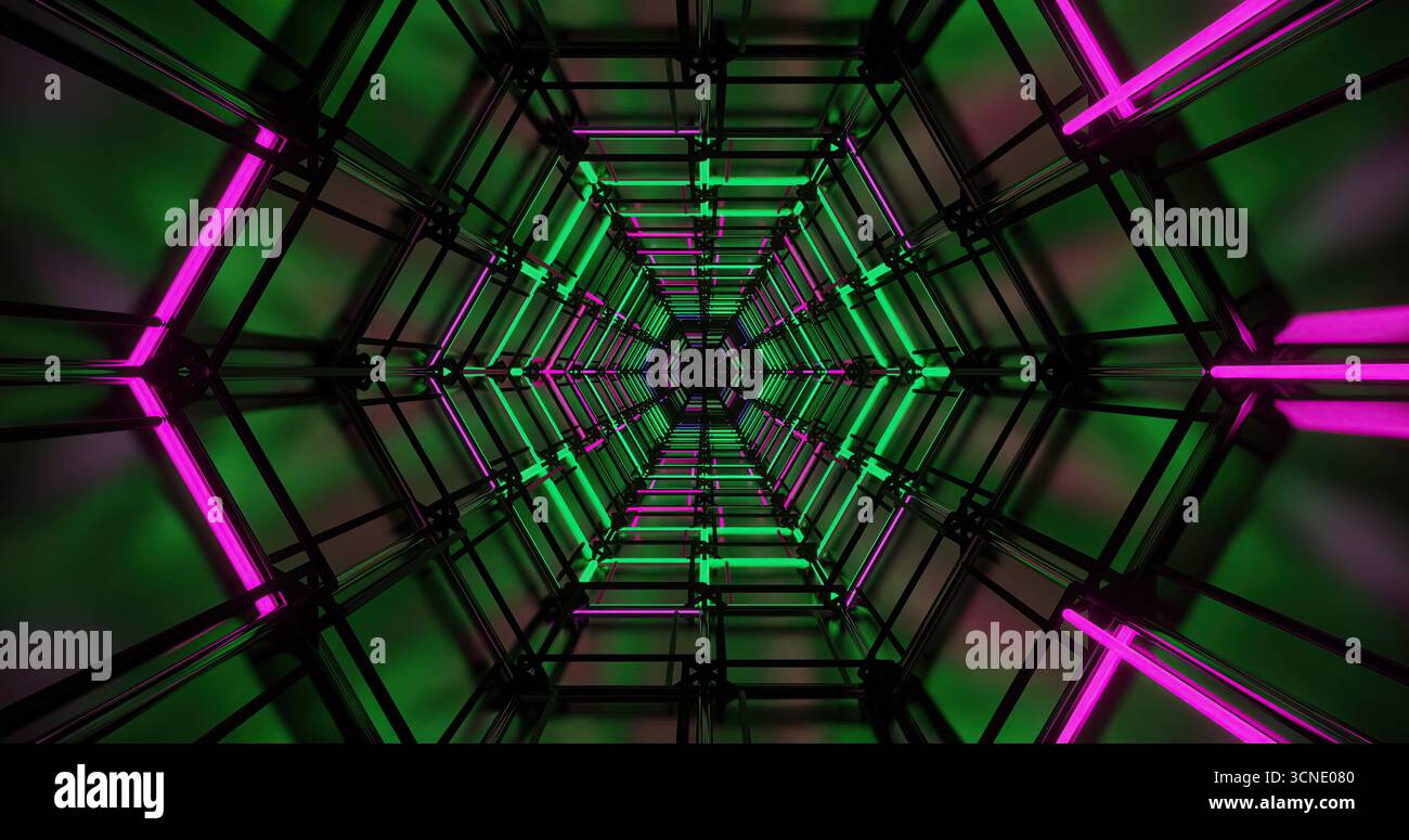 Le luminose luci al neon creano un effetto tunnel dalle tonalità verde e rosa. Questo display vibrante cattura gli spettatori con i suoi motivi geometrici e d Foto Stock