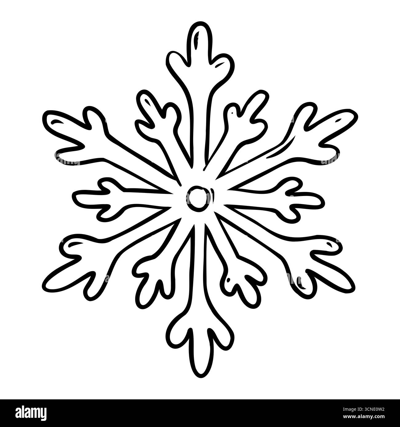 Fiocco di neve con delicato contorno disegnato a mano e forma simmetrica. Elemento invernale. Illustrazione isolata vettoriale Illustrazione Vettoriale