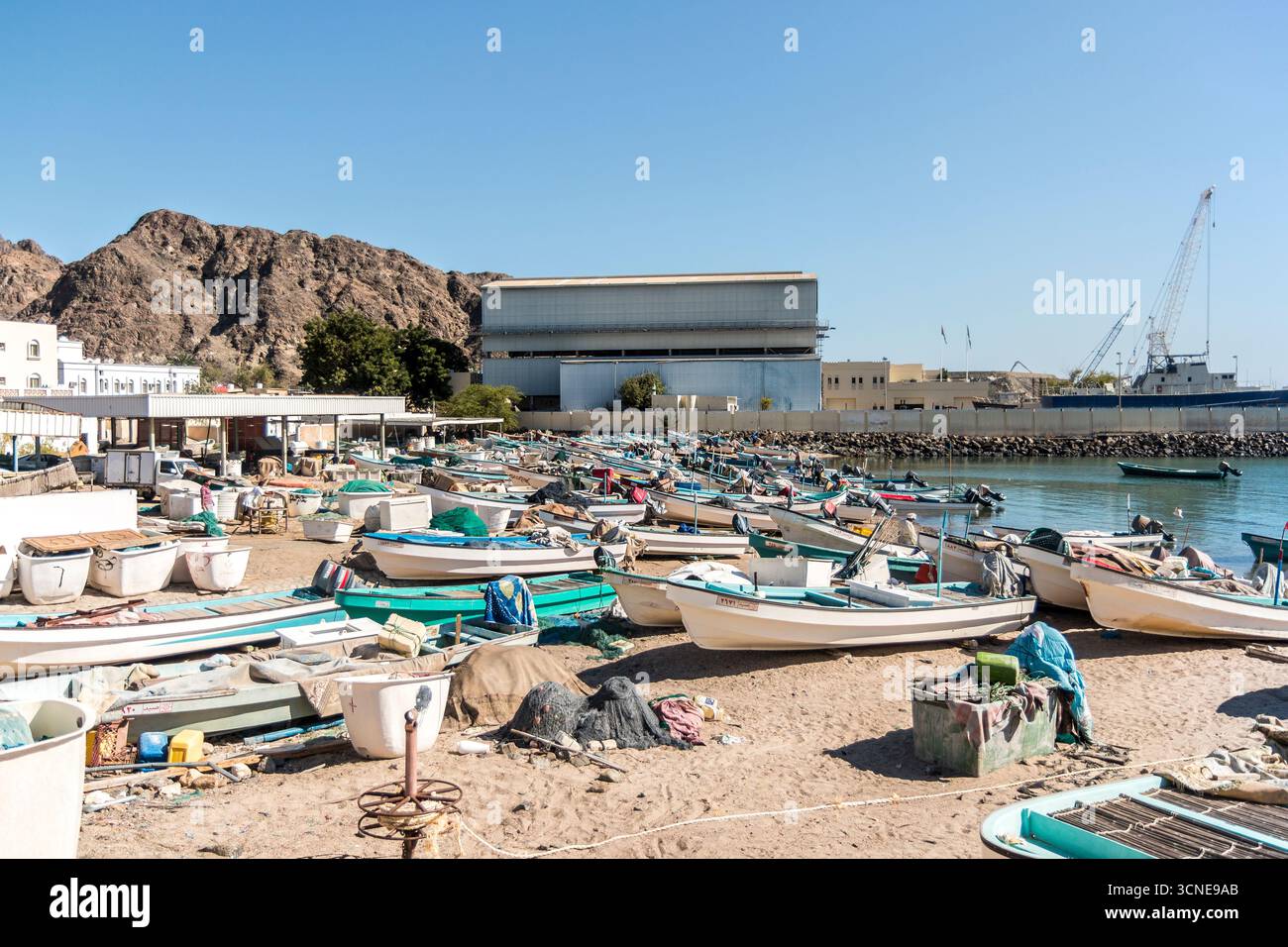 Oman - Muscat - mercato del pesce di Mutrah - barche e casse affollano la banchina accanto ai bassi capannoni del porto in attività. Foto Stock