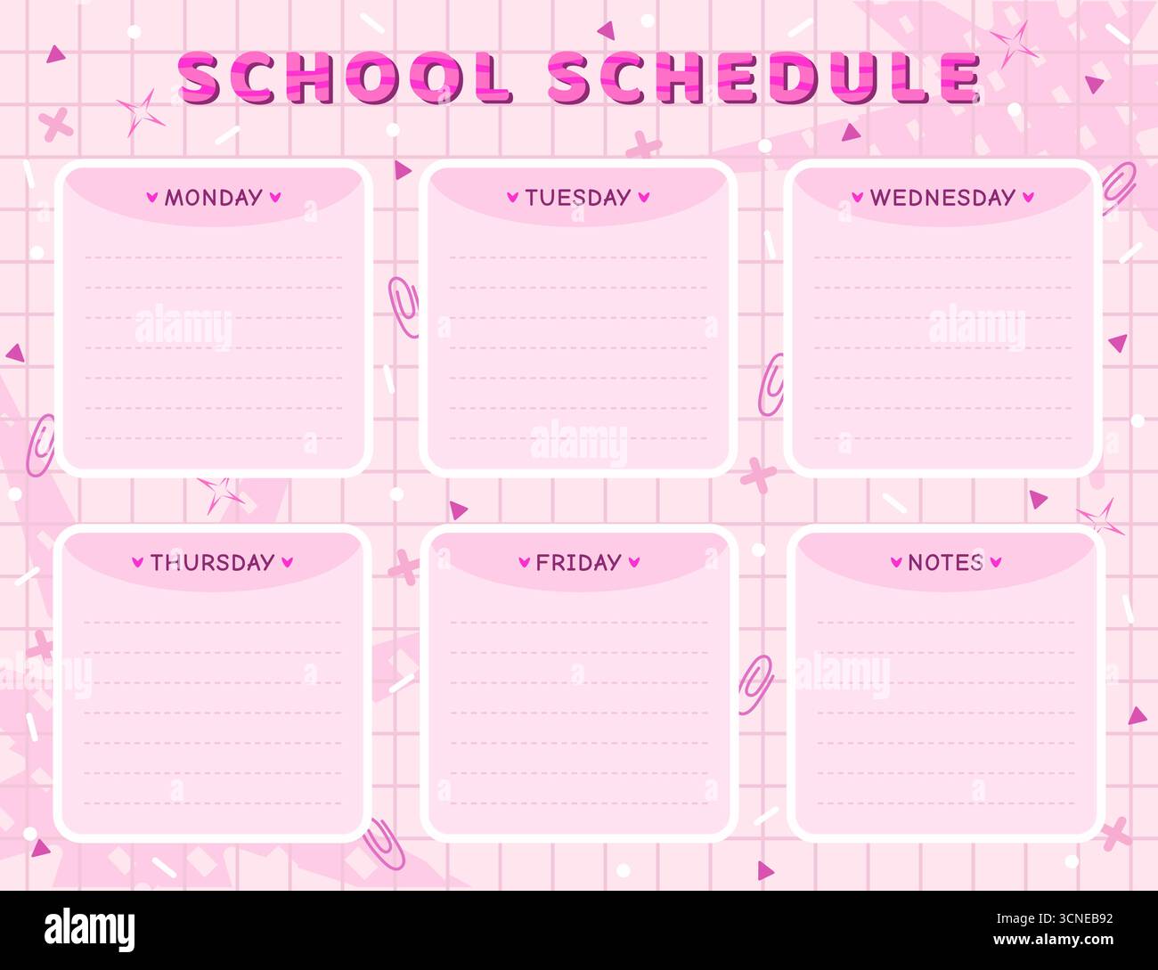 Modello di pianificazione scuola vettoriale in tonalità rosa. Orari per gli scolari, carino disegno dei cartoni animati, pianificatore delle lezioni settimanali kawaii di ritorno a scuola Illustrazione Vettoriale