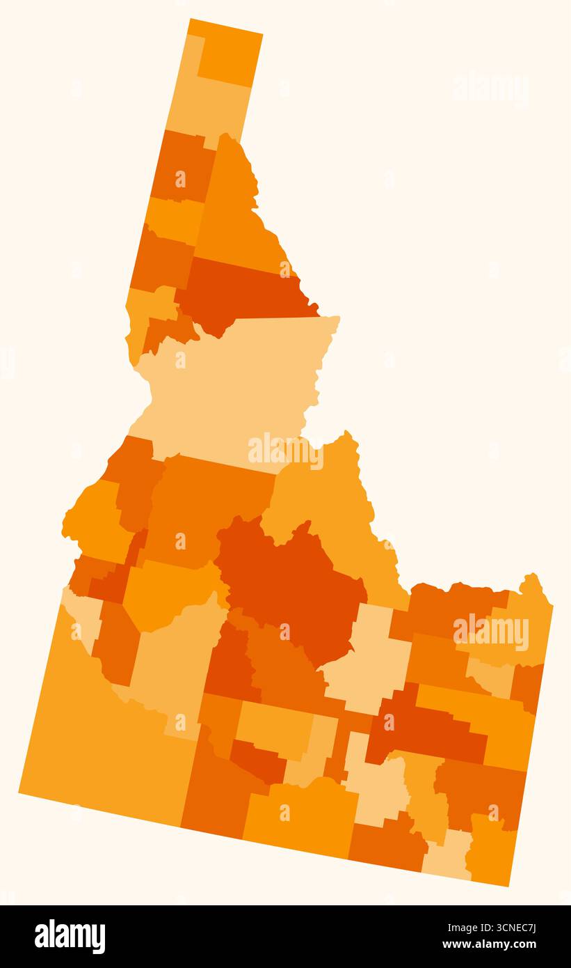 Mappa dell'Idaho con le contee. Una semplice mappa del confine di stato con la divisione della contea. Tavolozza dei colori arancione. Illustrazione Vettoriale