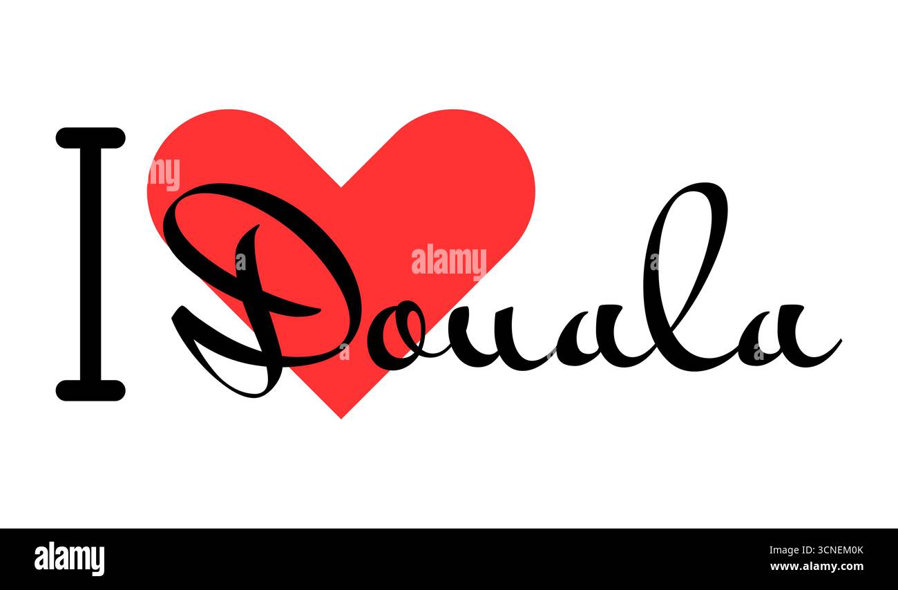 Amo Douala, città del Camerun. Lettere disegnate a mano con cuore rosso. Lettere per illustrazioni vettoriali, design moderno per t shirt, striscioni, poster, st Illustrazione Vettoriale