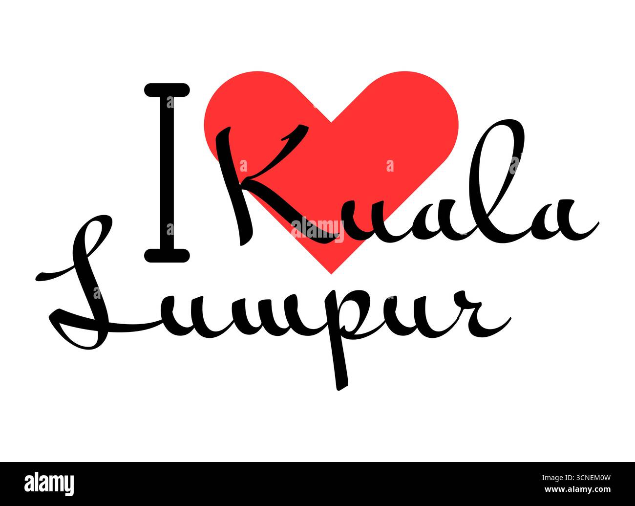 Amo Kuala Lumpur, città della Malesia. Lettere disegnate a mano con cuore rosso. Lettere per illustrazioni vettoriali, design moderno per t shirt, striscioni e post Illustrazione Vettoriale