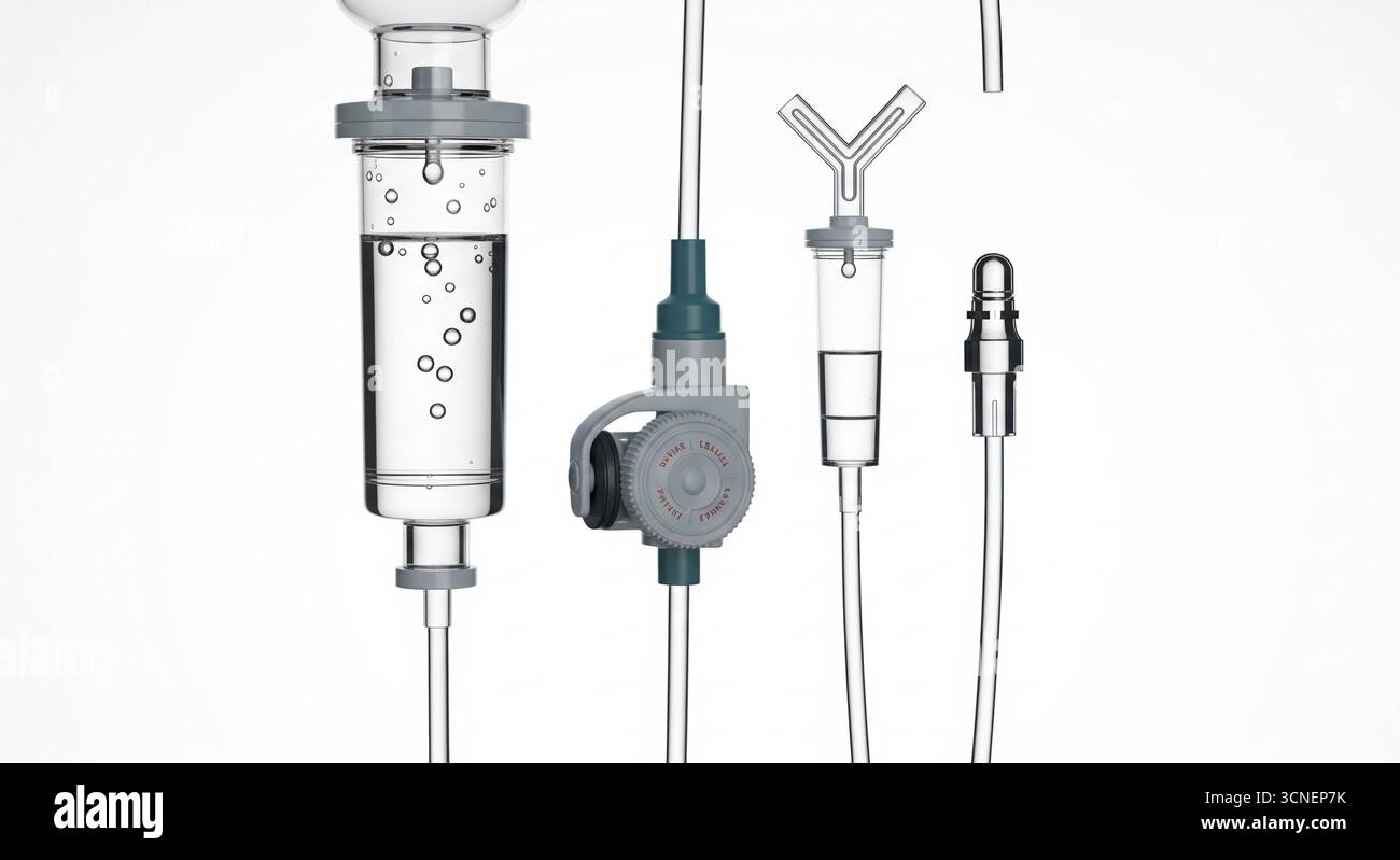 Set di gocciolamento IV sterile, camera trasparente riempita di fluido, tubo flessibile e regolatore di gocciolamento, appeso su uno sfondo bianco pulito Foto Stock
