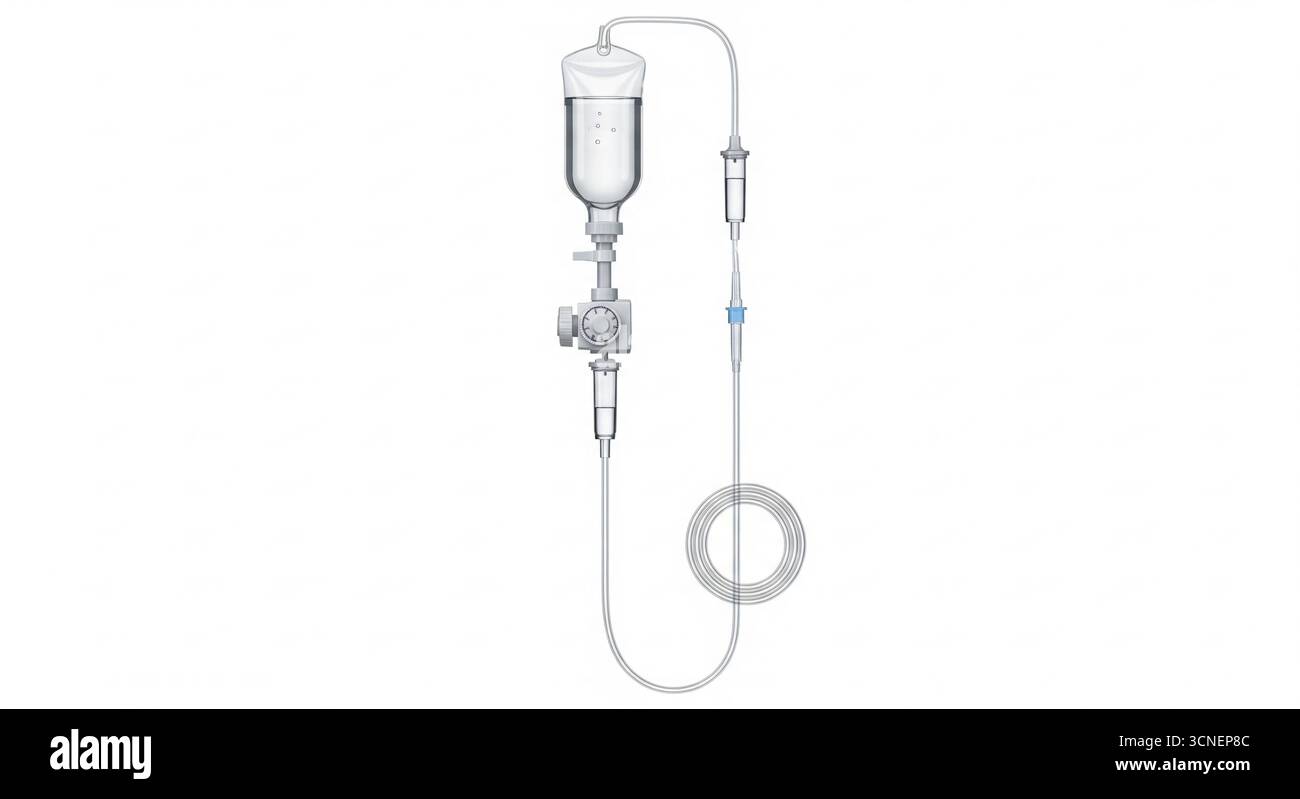 Set di gocciolamento IV sterile, camera trasparente riempita di fluido, tubo flessibile e regolatore di gocciolamento, appeso su uno sfondo bianco pulito Foto Stock