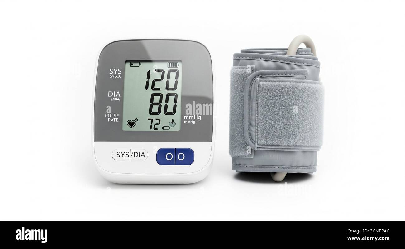 Monitor digitale della pressione sanguigna su sfondo bianco e pulito, con le letture visualizzate sullo schermo e il bracciale avvolto in modo ordinato accanto ad esso Foto Stock