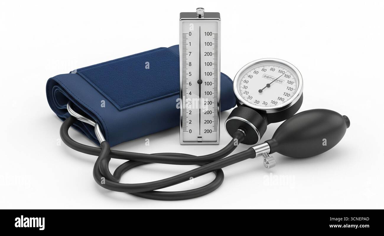 Un classico misuratore della pressione sanguigna a mercurio su sfondo bianco e pulito, che mostra la colonna verticale a mercurio con tacche di scala chiare e bracciale gonfiabile Foto Stock