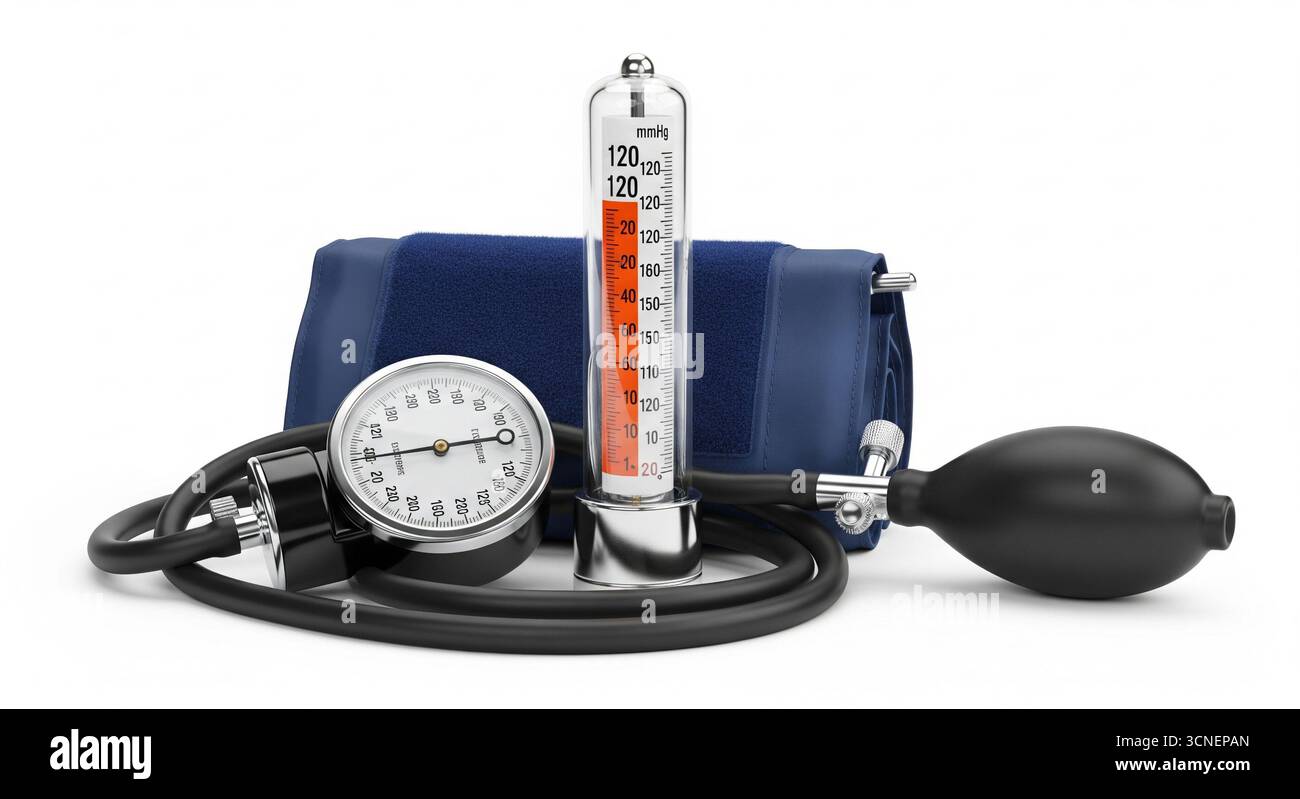 Un classico misuratore della pressione sanguigna a mercurio su sfondo bianco e pulito, che mostra la colonna verticale a mercurio con tacche di scala chiare e bracciale gonfiabile Foto Stock