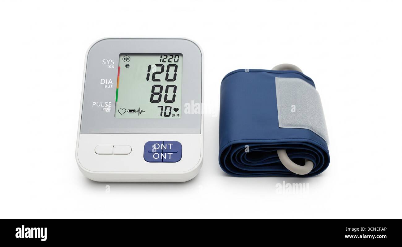 Monitor digitale della pressione sanguigna su sfondo bianco e pulito, con le letture visualizzate sullo schermo e il bracciale avvolto in modo ordinato accanto ad esso Foto Stock