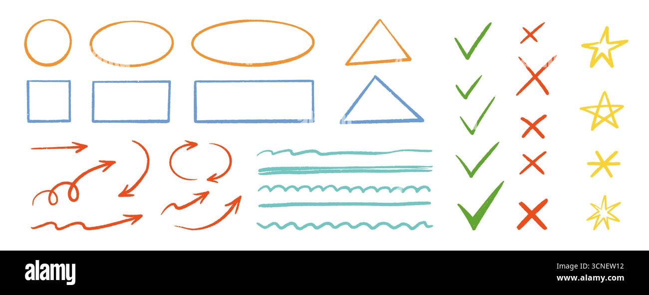 Raccolta freccia con segno di spunta gesso. Simboli in stile lavagna, virgolette a matita, caselle di controllo e sottolineatura pastello disegnato a mano. Evidenziazione trama gesso matita, freccia. Illustrazione vettoriale Illustrazione Vettoriale