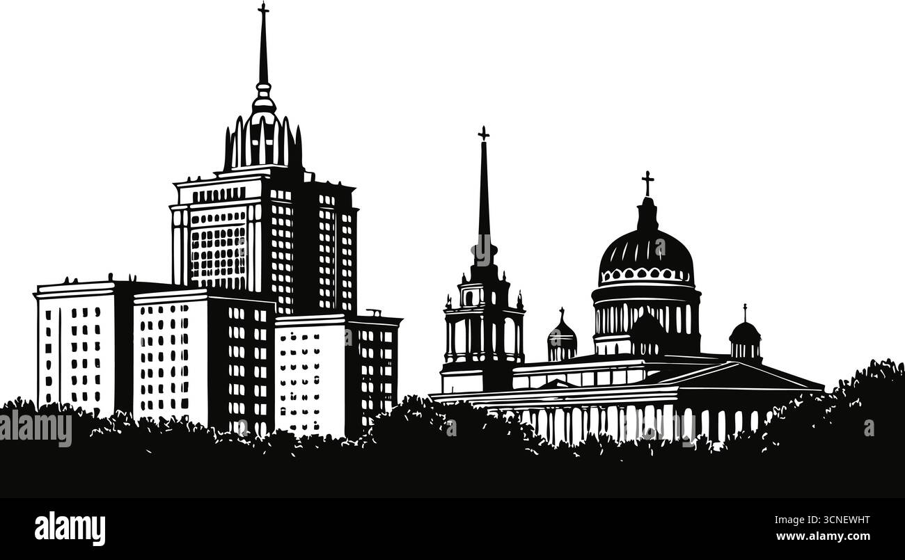 Design vettoriale con silhouette City skyline in bianco e nero ad alta risoluzione per una grafica urbana moderna Illustrazione Vettoriale