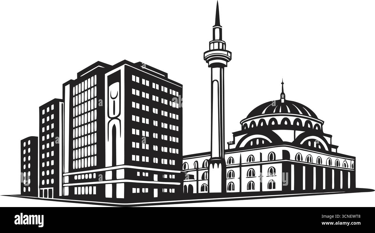 Design ad alta risoluzione in bianco e nero con silhouette City skyline per una grafica urbana moderna Illustrazione Vettoriale